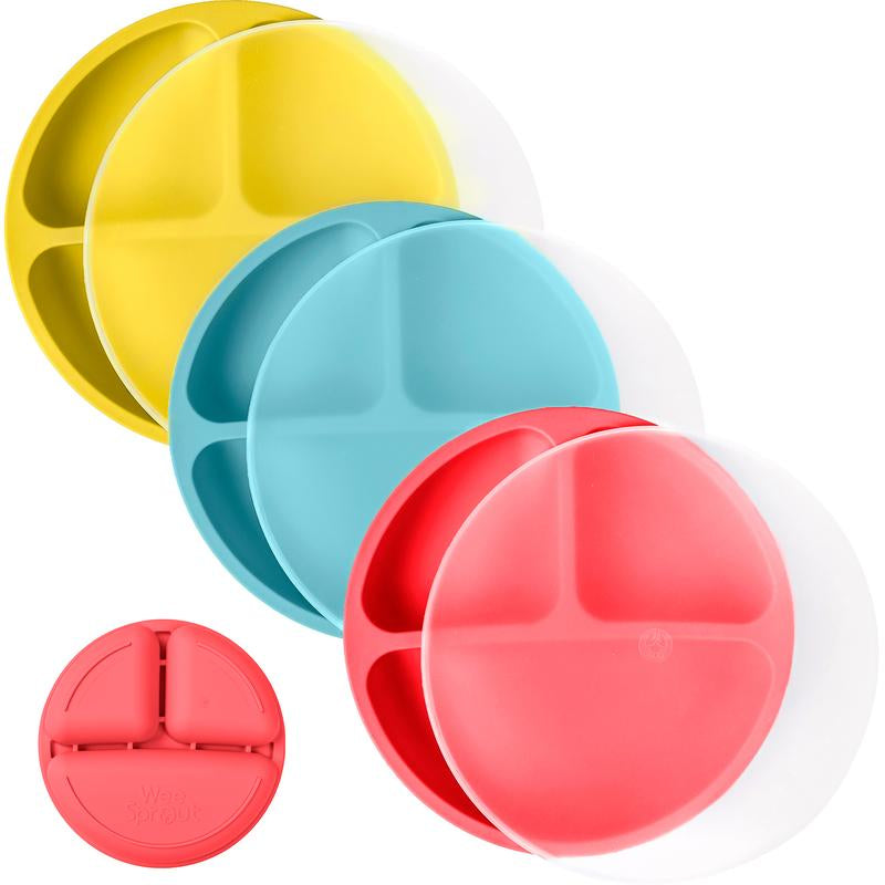 Weesprout Baby Plates with Lids, Food Grade Silicone Divided Plates for Kids - 3 Pack