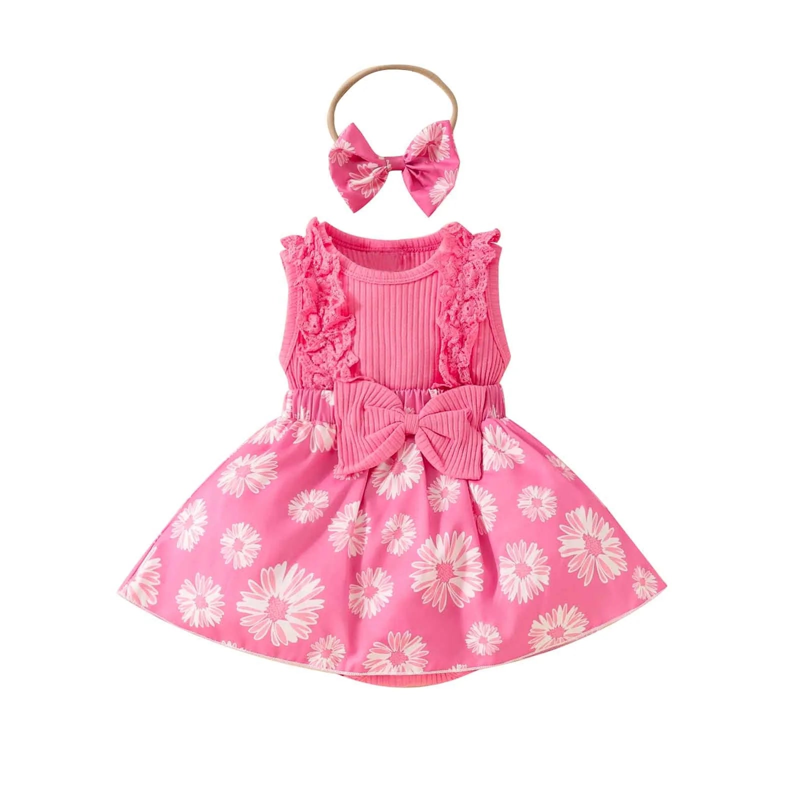 Toddler Girl Clothes Summer Clearance Infant Cotton Outfits Sleeveless Skirt Baby Girl Lace Bow Tie Dress Romper Hair Band Set