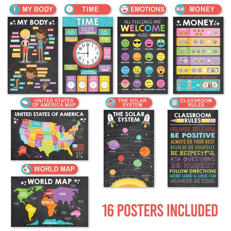 16 Educational Posters for Classroom & Kindergarten, Kindergarten Classroom Must Haves, Laminated Prek Learning Chart Materials US & World Map, ABC Alphabet, Shapes, Days of the Week