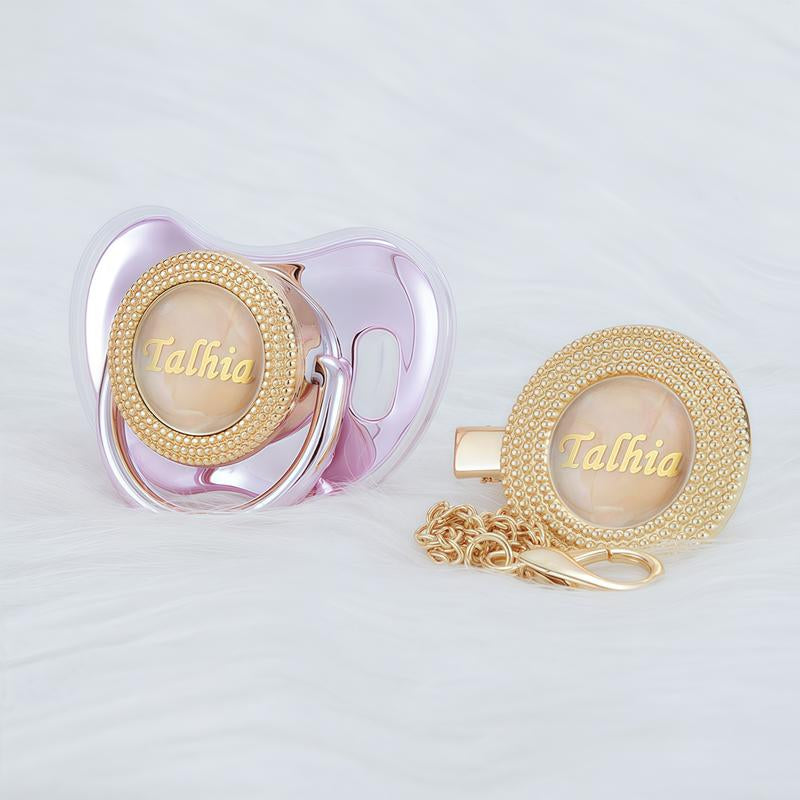 MIYOCAR Custom Gold Bling Baby Pacifier with Personalized Clip for Newborns and Babies Customized Baby Bling Binky &Clip Set Bling Pacifier