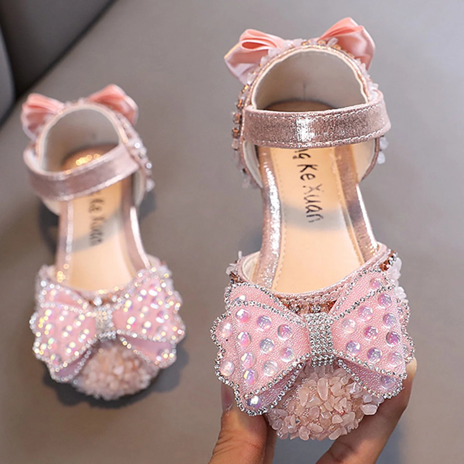 Vacation Shoes for Children'S Fashion Spring Summer Girls Sandals Party Dress Dance Show Princess Shoe Rhinestone Bowknot Ribbon Hook Loop for Birthday Holiday Party (12-15 Months,Pink)