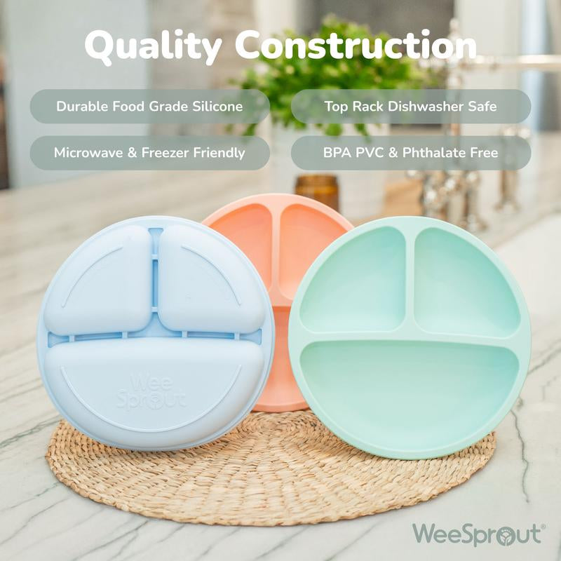 Weesprout Baby Plates with Lids, Food Grade Silicone Divided Plates for Kids - 3 Pack