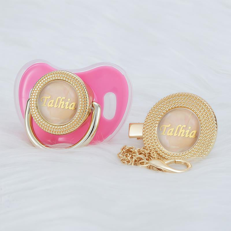 MIYOCAR Custom Gold Bling Baby Pacifier with Personalized Clip for Newborns and Babies Customized Baby Bling Binky &Clip Set Bling Pacifier