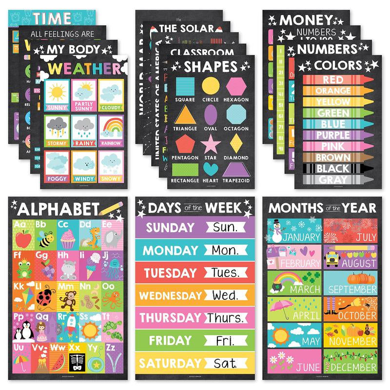16 Educational Posters for Classroom & Kindergarten, Kindergarten Classroom Must Haves, Laminated Prek Learning Chart Materials US & World Map, ABC Alphabet, Shapes, Days of the Week