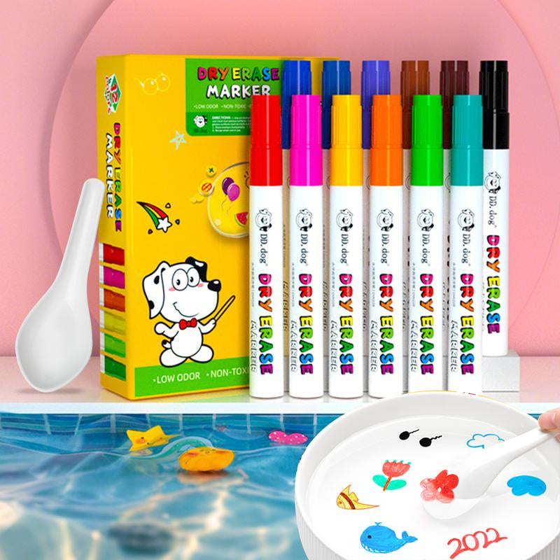 Magic Floating Marker Set 12 Vibrant Colors, Dry Erase Markers for Water Drawing with Spoons, Safe Non-Toxic Art Supplies for Kids Acrylic Painting Pen Watercolor Paint