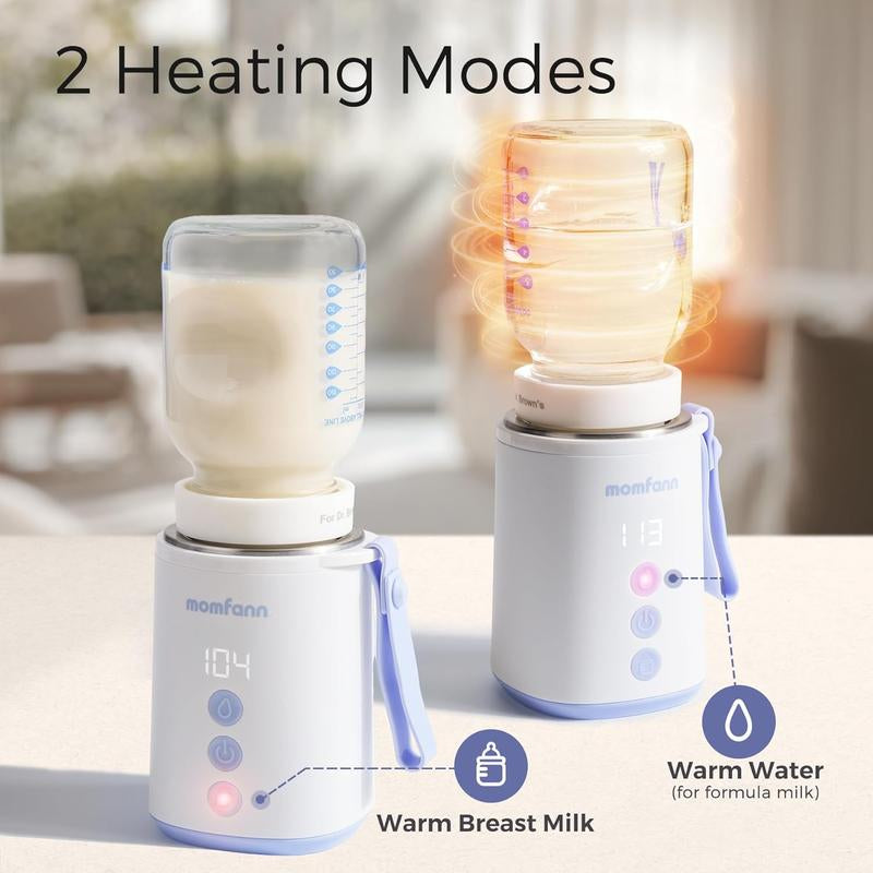 Momfann Portable Travel Bottle Warmer, 2 Modes 4 Temp Baby Bottle Warmer for Breastmilk, Leak-Proof & Fast Heating & Auto Warm-Keeping (5 Adapters)