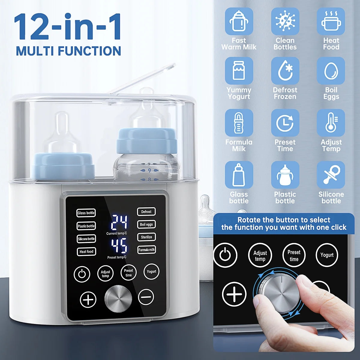 Baby Bottle Warmer, Dual Bottle 12-In-1 Fast Milk Warmer with 24H Accurate Temperature Control & Auto-Off, Baby Food Heater W/ Appointment &Timer for Breastmilk or Formula, LCD Display, Bpa-Free