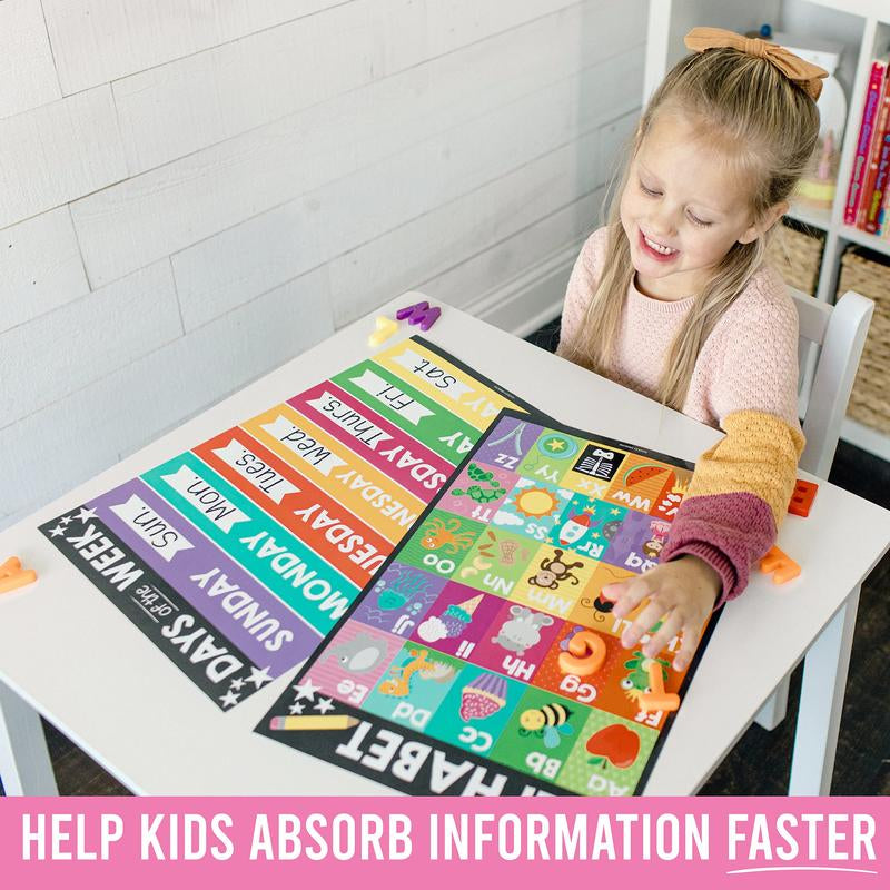 16 Educational Posters for Classroom & Kindergarten, Kindergarten Classroom Must Haves, Laminated Prek Learning Chart Materials US & World Map, ABC Alphabet, Shapes, Days of the Week