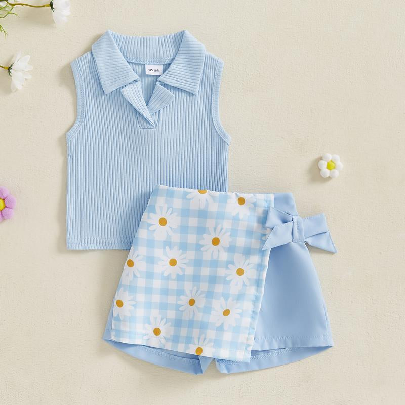 Toddler Baby Girl Summer Outfits Sleeveless Collared Tank Tops + Floral Skirt Shorts Set Toddler Clothes