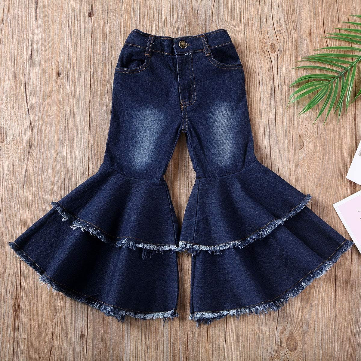 Toddler Kids Girls Bell Bottom Jeans Ruffle Flare Raw Hem Denim Pant Trousers High Waisted Wide Leg Pants Leggings