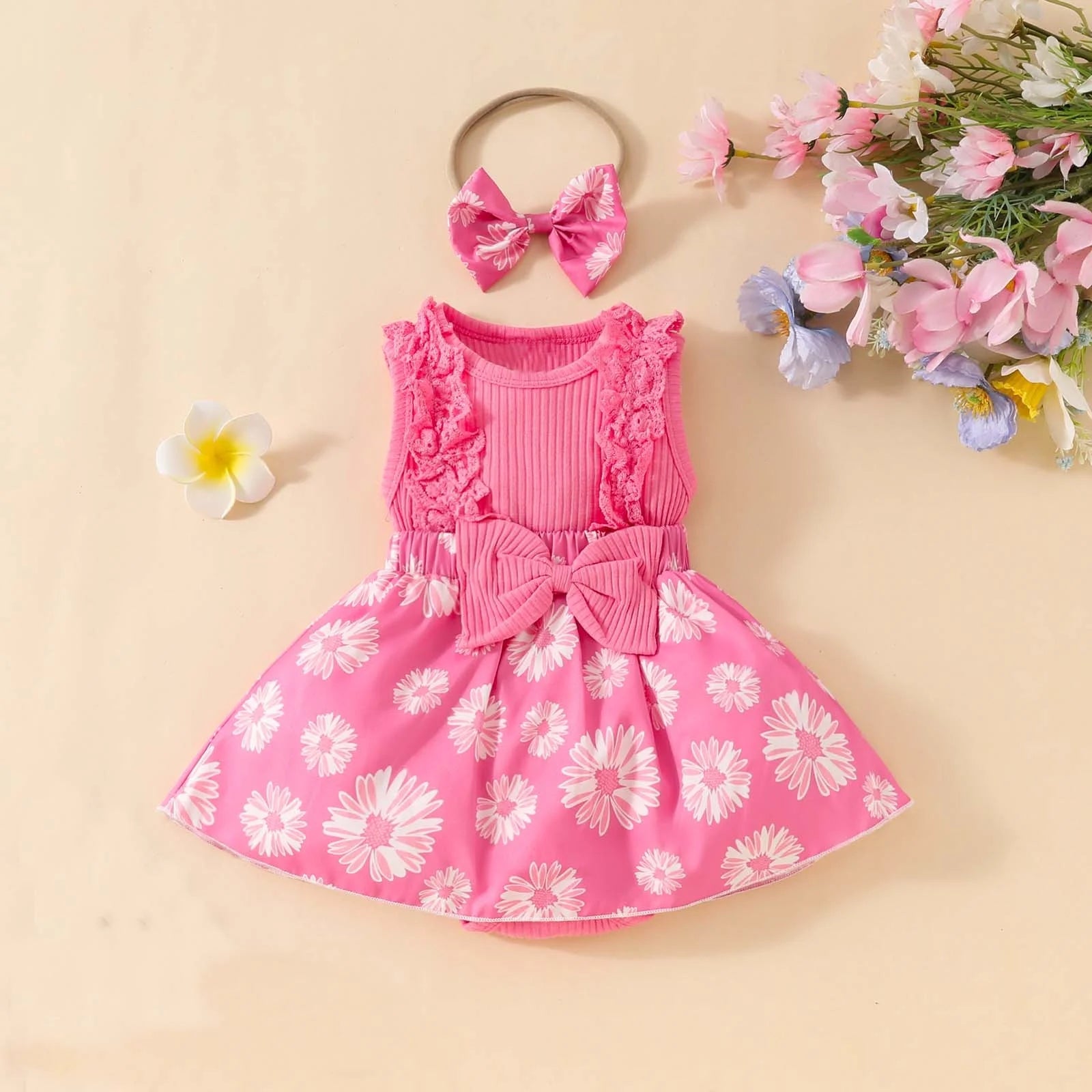 Toddler Girl Clothes Summer Clearance Infant Cotton Outfits Sleeveless Skirt Baby Girl Lace Bow Tie Dress Romper Hair Band Set