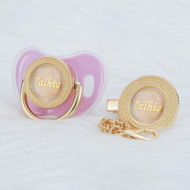 MIYOCAR Custom Gold Bling Baby Pacifier with Personalized Clip for Newborns and Babies Customized Baby Bling Binky &Clip Set Bling Pacifier