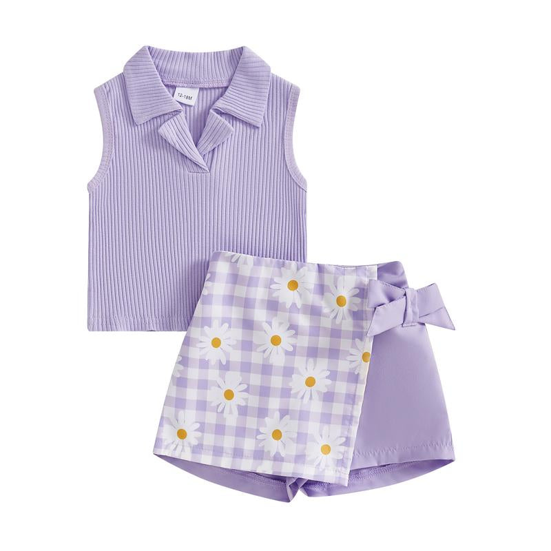 Toddler Baby Girl Summer Outfits Sleeveless Collared Tank Tops + Floral Skirt Shorts Set Toddler Clothes