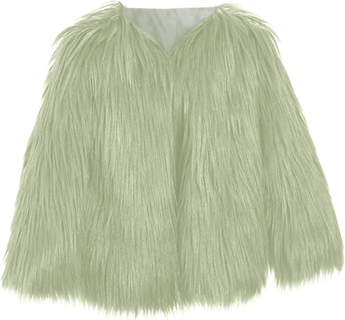 Girl Faux Fur Long Sleeve V Neck Jacket Coat Warm Outerwear Children Thick Outwear 2-10Years (Green, 6-7 Years)