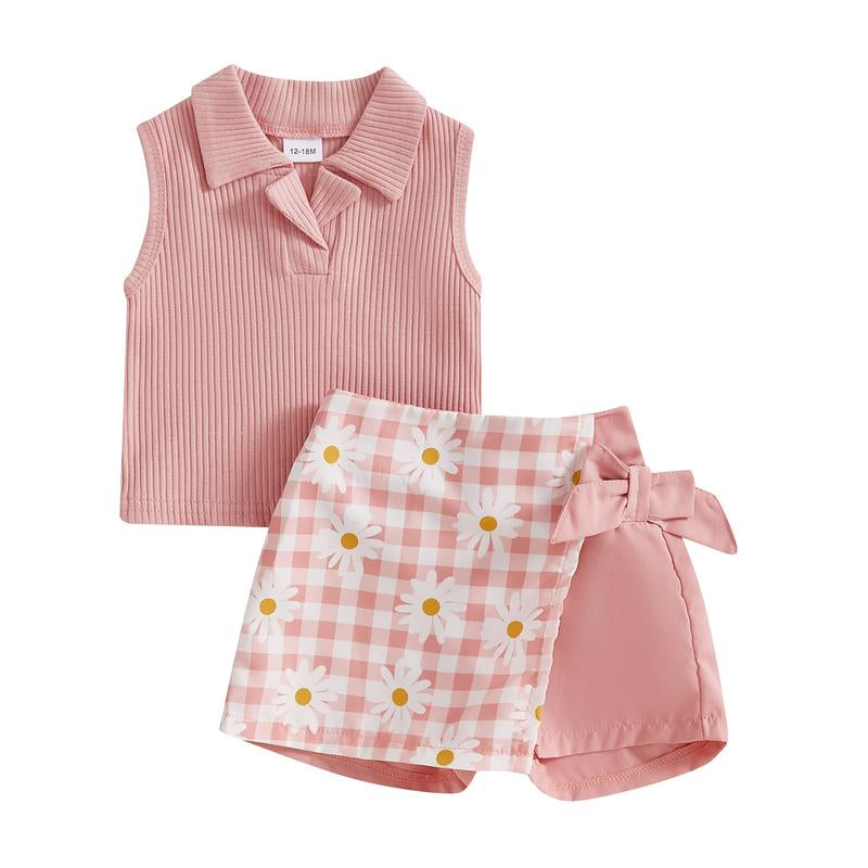 Toddler Baby Girl Summer Outfits Sleeveless Collared Tank Tops + Floral Skirt Shorts Set Toddler Clothes