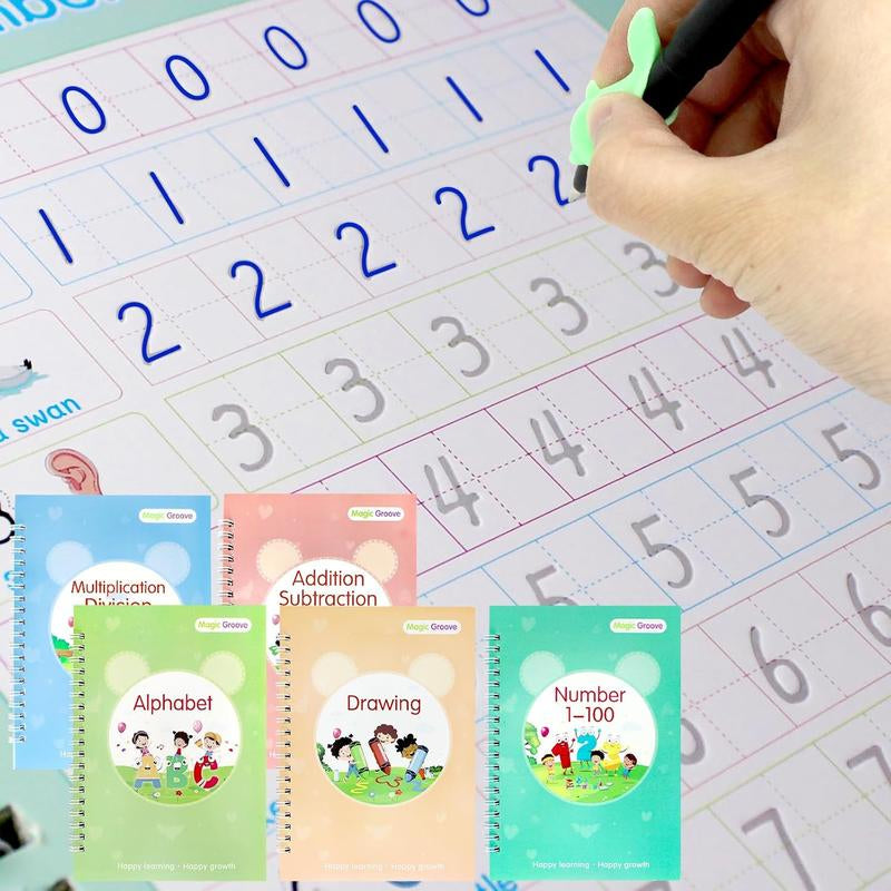 5 PCS Grooved Writing Books for Kids Children Reusable Magic Practice Copy Book Writing Workbook Magic Ink Copy Books for Preschool Tracing Letter Book Grooved Writing Book