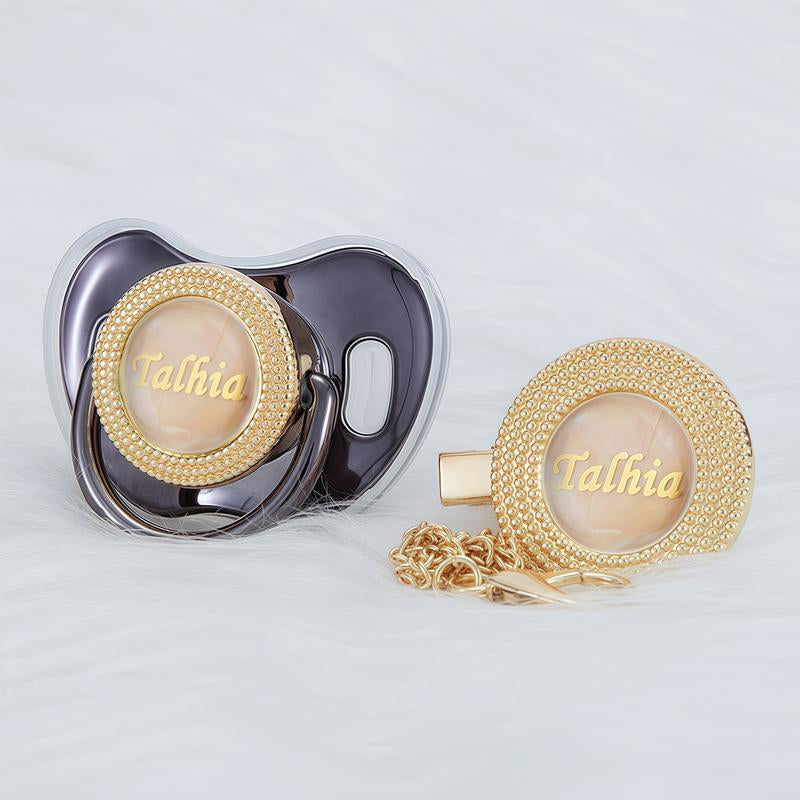 MIYOCAR Custom Gold Bling Baby Pacifier with Personalized Clip for Newborns and Babies Customized Baby Bling Binky &Clip Set Bling Pacifier