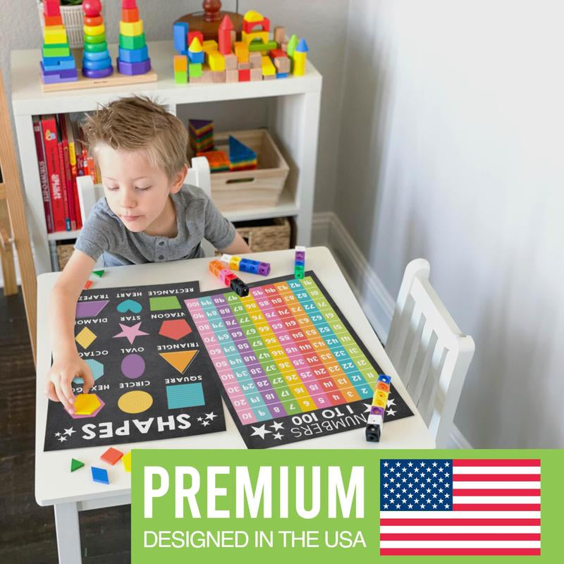 16 Educational Posters for Classroom & Kindergarten, Kindergarten Classroom Must Haves, Laminated Prek Learning Chart Materials US & World Map, ABC Alphabet, Shapes, Days of the Week