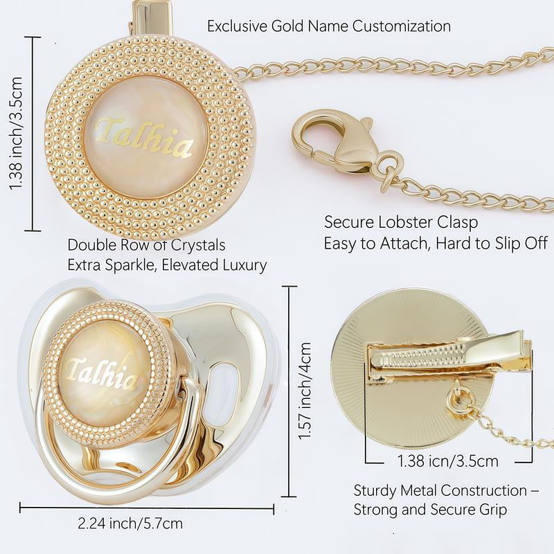 MIYOCAR Custom Gold Bling Baby Pacifier with Personalized Clip for Newborns and Babies Customized Baby Bling Binky &Clip Set Bling Pacifier