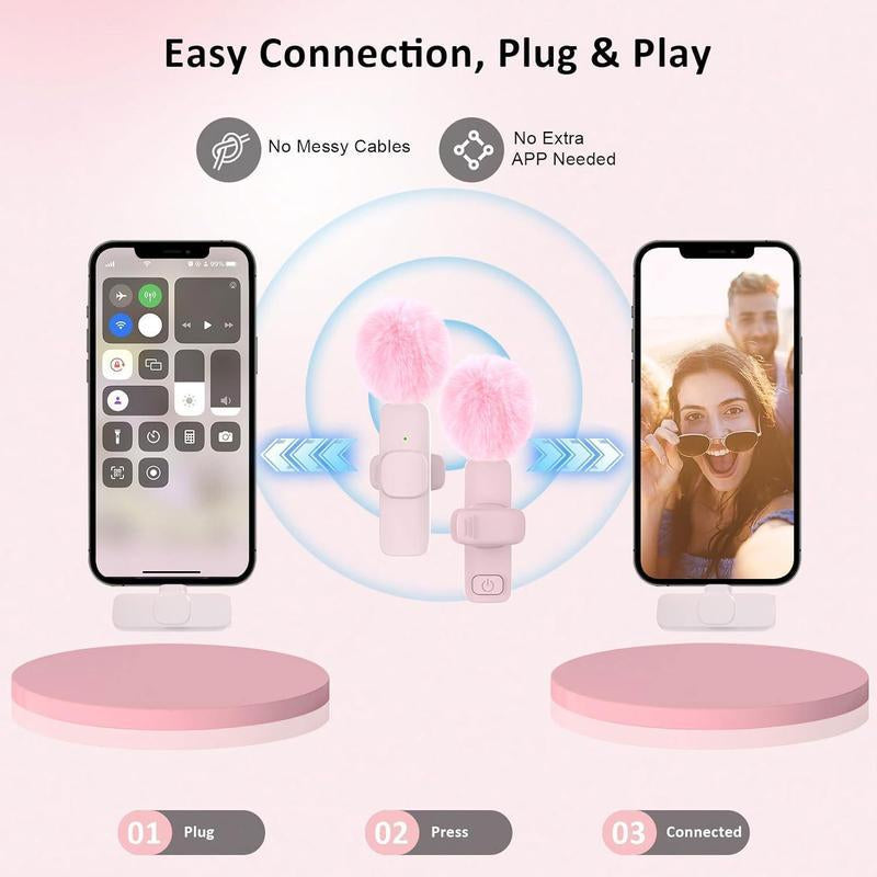 2 Pcs Wireless Microphones for Iphone, Android, Ipad - Mini Wireless Clip-On Microphones Crystal Clear Sound Quality for Recording, Live Streaming,Vlog Microfono Minimic Usb C Interface Smartphone