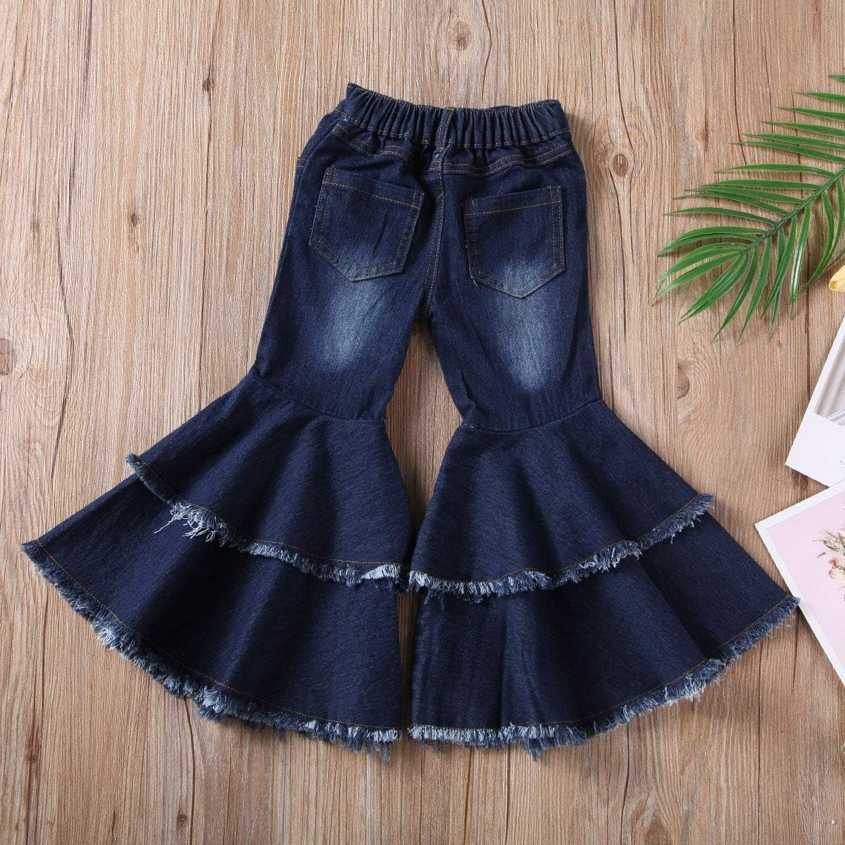 Toddler Kids Girls Bell Bottom Jeans Ruffle Flare Raw Hem Denim Pant Trousers High Waisted Wide Leg Pants Leggings