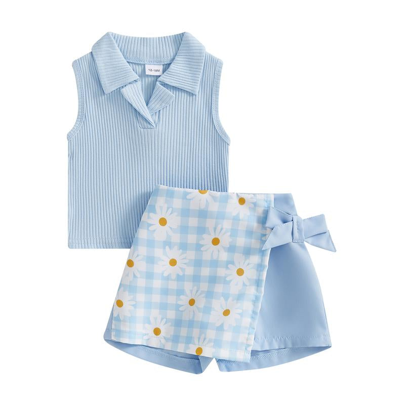 Toddler Baby Girl Summer Outfits Sleeveless Collared Tank Tops + Floral Skirt Shorts Set Toddler Clothes