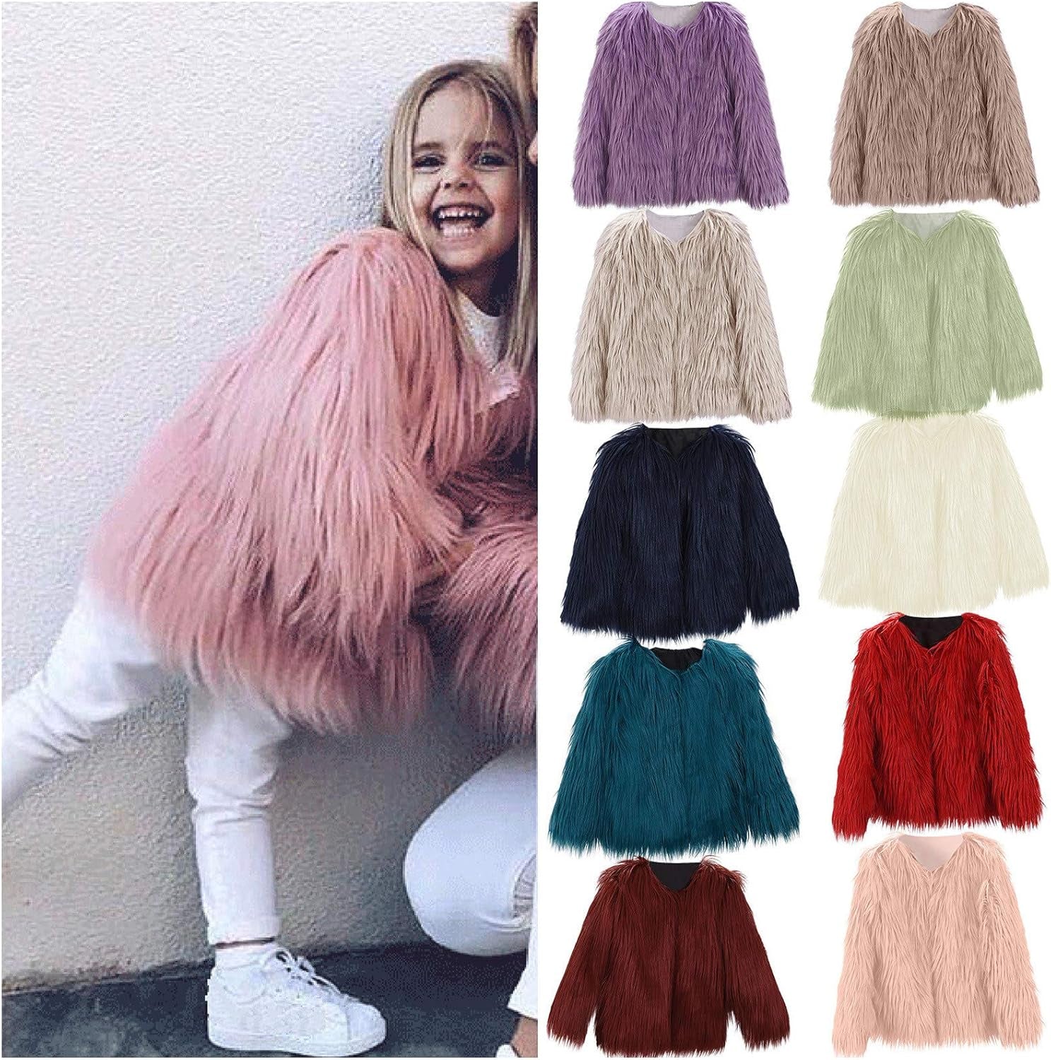 Girl Faux Fur Long Sleeve V Neck Jacket Coat Warm Outerwear Children Thick Outwear 2-10Years (Purple, 3-4 Years)