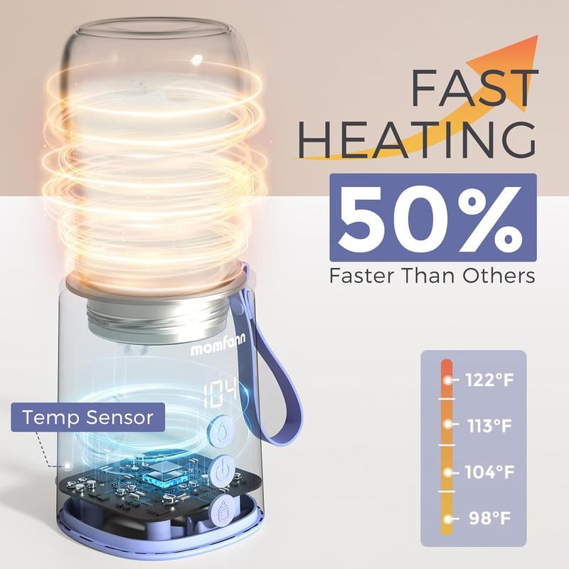 Momfann Portable Travel Bottle Warmer, 2 Modes 4 Temp Baby Bottle Warmer for Breastmilk, Leak-Proof & Fast Heating & Auto Warm-Keeping (5 Adapters)