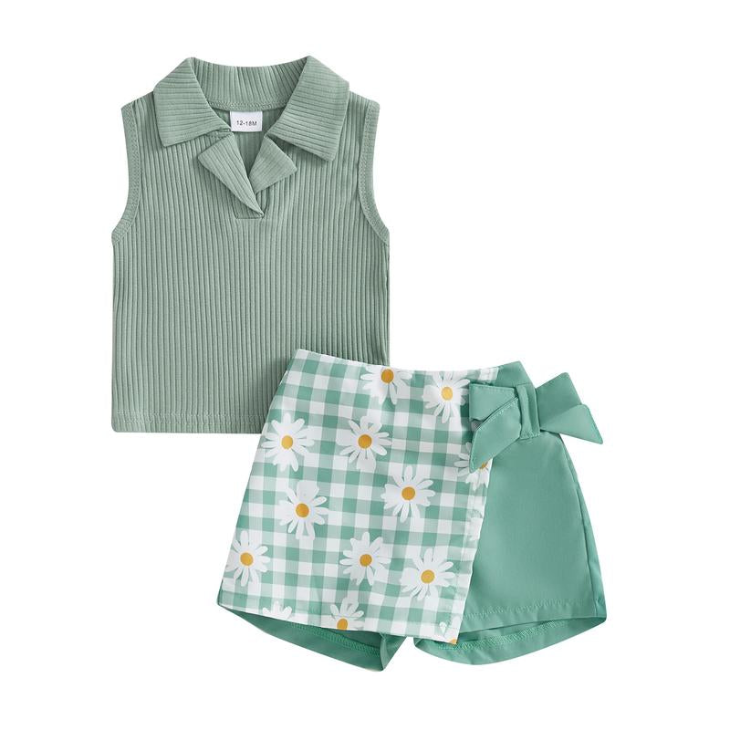 Toddler Baby Girl Summer Outfits Sleeveless Collared Tank Tops + Floral Skirt Shorts Set Toddler Clothes