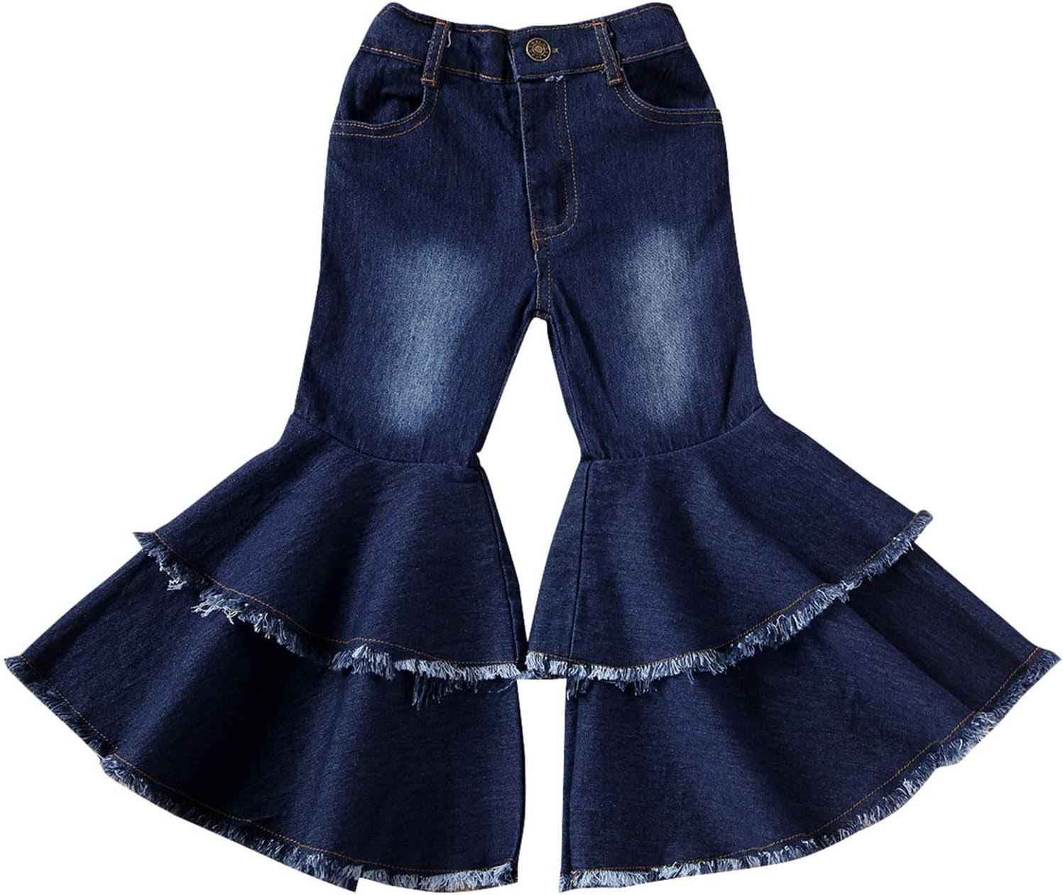 Toddler Kids Girls Bell Bottom Jeans Ruffle Flare Raw Hem Denim Pant Trousers High Waisted Wide Leg Pants Leggings