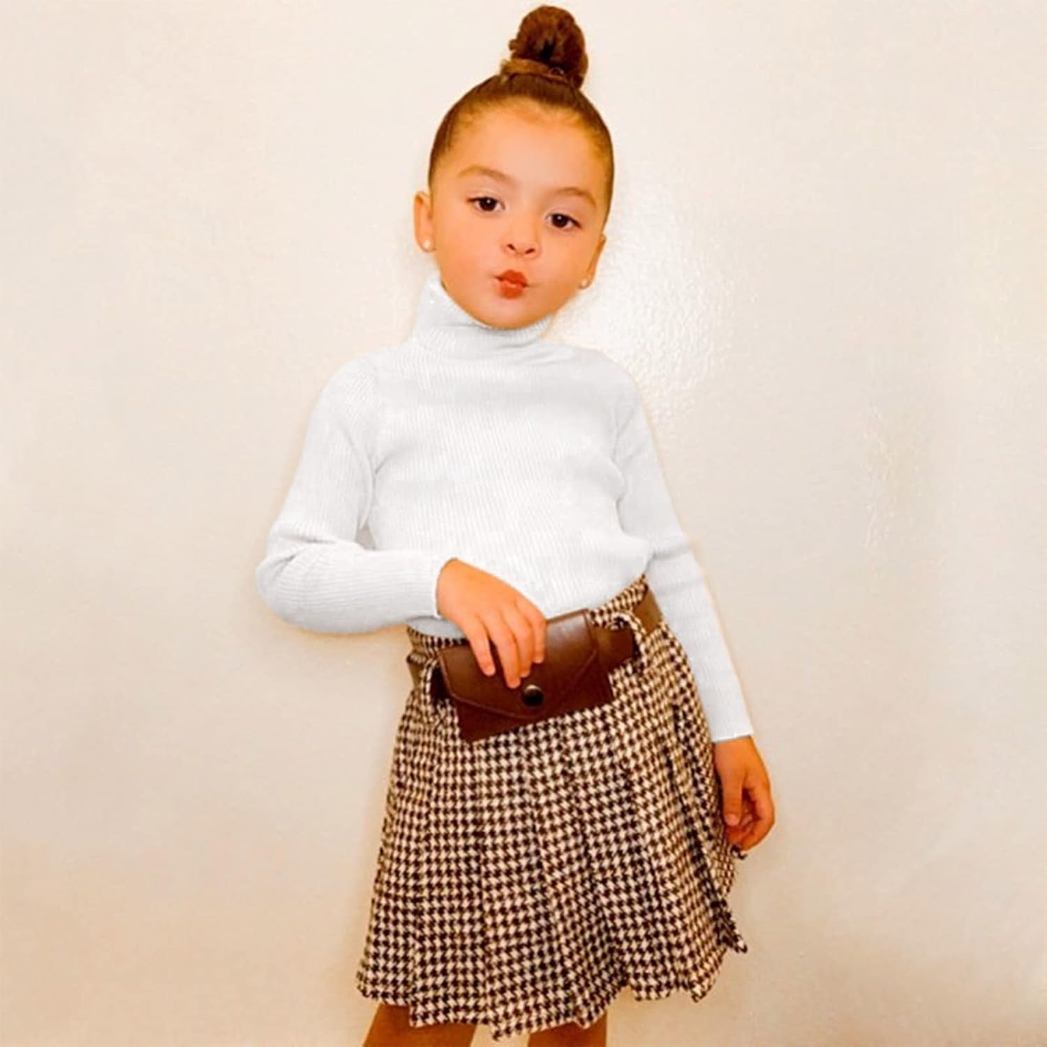 Toddler Baby Girl Fall Winter Skirt Set Turtleneck Ribbed Long Sleeve T-Shirt Top & Plaid Skirts Dress 2Pcs Outfits