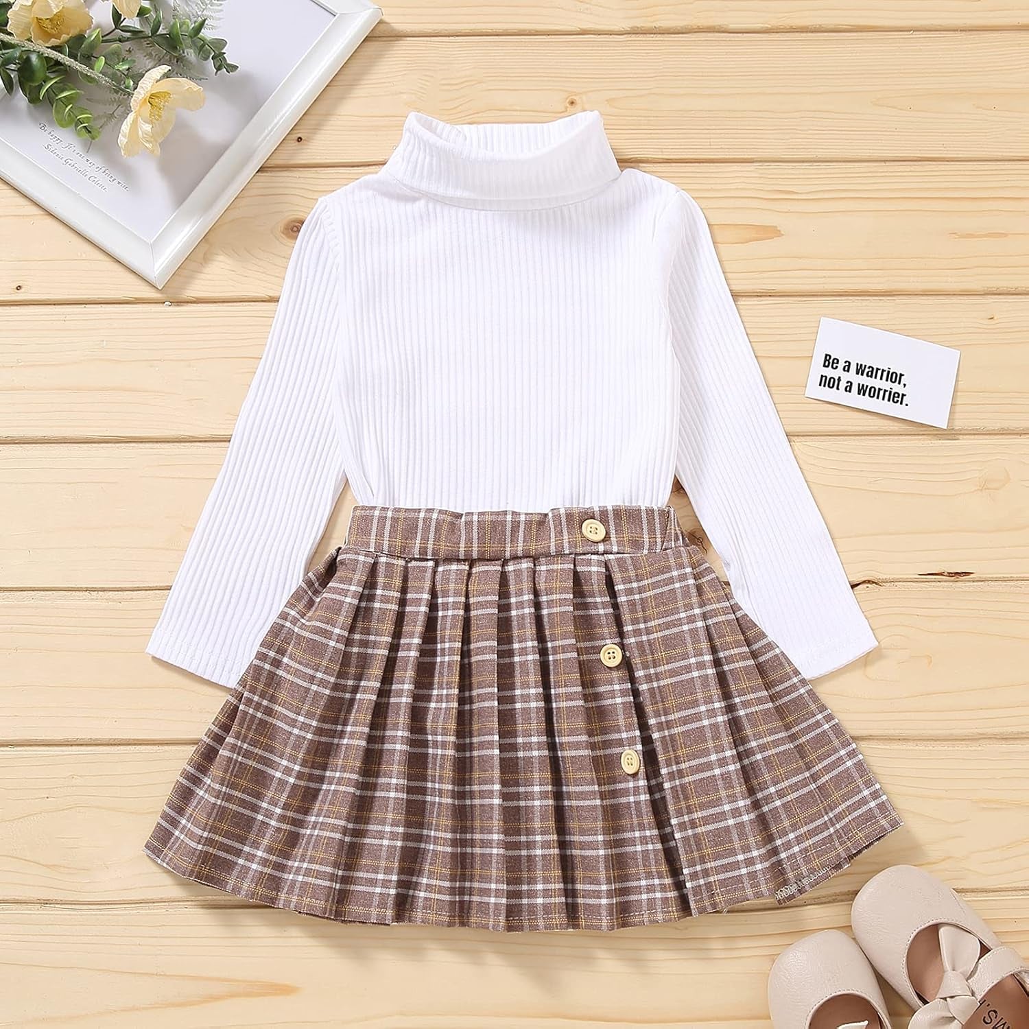 Toddler Baby Girl Fall Winter Skirt Set Turtleneck Ribbed Long Sleeve T-Shirt Top & Plaid Skirts Dress 2Pcs Outfits