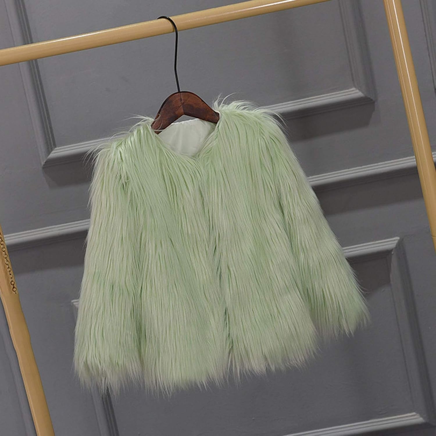 Girl Faux Fur Long Sleeve V Neck Jacket Coat Warm Outerwear Children Thick Outwear 2-10Years (Green, 6-7 Years)