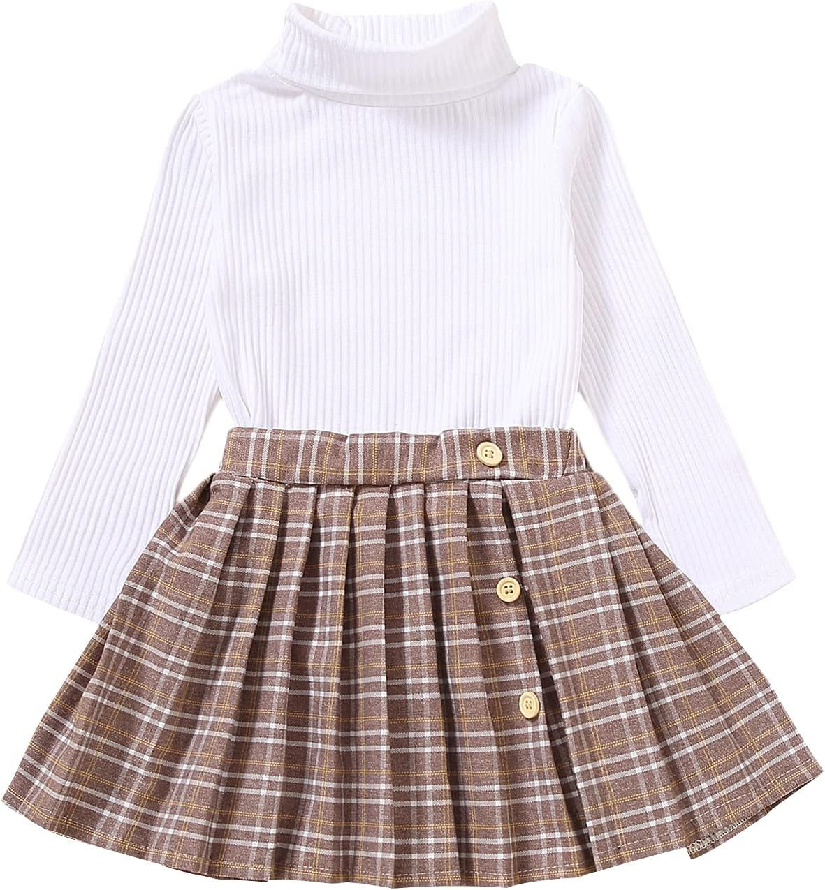 Toddler Baby Girl Fall Winter Skirt Set Turtleneck Ribbed Long Sleeve T-Shirt Top & Plaid Skirts Dress 2Pcs Outfits