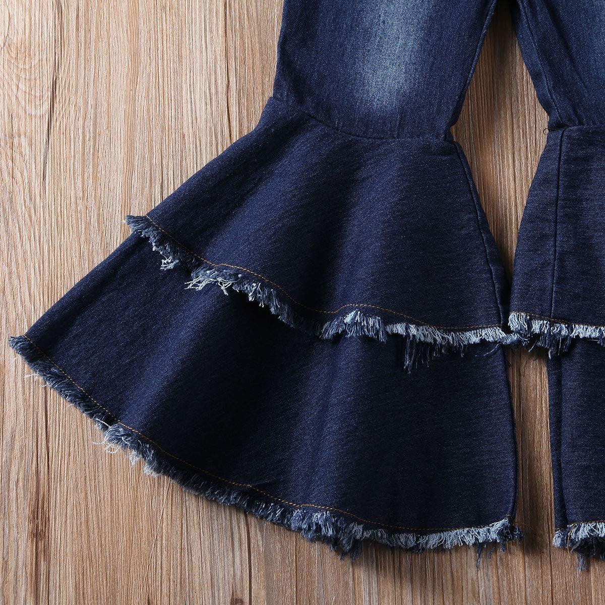 Toddler Kids Girls Bell Bottom Jeans Ruffle Flare Raw Hem Denim Pant Trousers High Waisted Wide Leg Pants Leggings