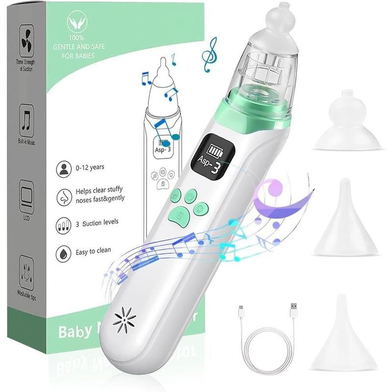 Electric Baby Nasal Aspirator, Rechargeable Nose Suction Tool with 3 Silicone Tips, Baby Nose Sucker with Pause & Music & Light Soothing Function, Baby Essentials