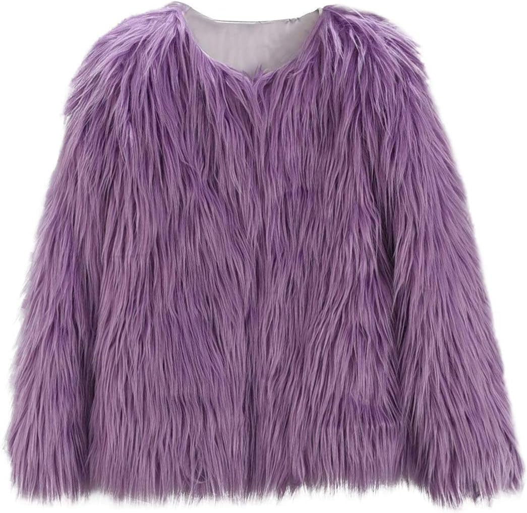 Girl Faux Fur Long Sleeve V Neck Jacket Coat Warm Outerwear Children Thick Outwear 2-10Years (Purple, 3-4 Years)