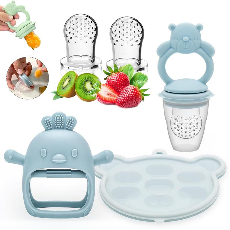 Baby Teether Set, 5 Counts/Set Including Silicone Teether & Fruit Feeder & Food Feeding Storage Box, Newborn Baby Fruit Feeder, Baby Teething Relief Tool, Baby Essentials, Cute Baby Items