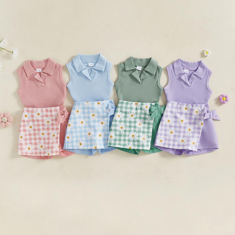 Toddler Baby Girl Summer Outfits Sleeveless Collared Tank Tops + Floral Skirt Shorts Set Toddler Clothes