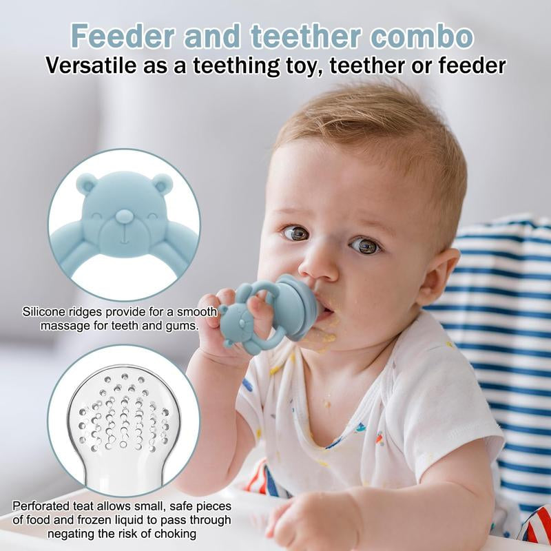 Baby Teether Set, 5 Counts/Set Including Silicone Teether & Fruit Feeder & Food Feeding Storage Box, Newborn Baby Fruit Feeder, Baby Teething Relief Tool, Baby Essentials, Cute Baby Items