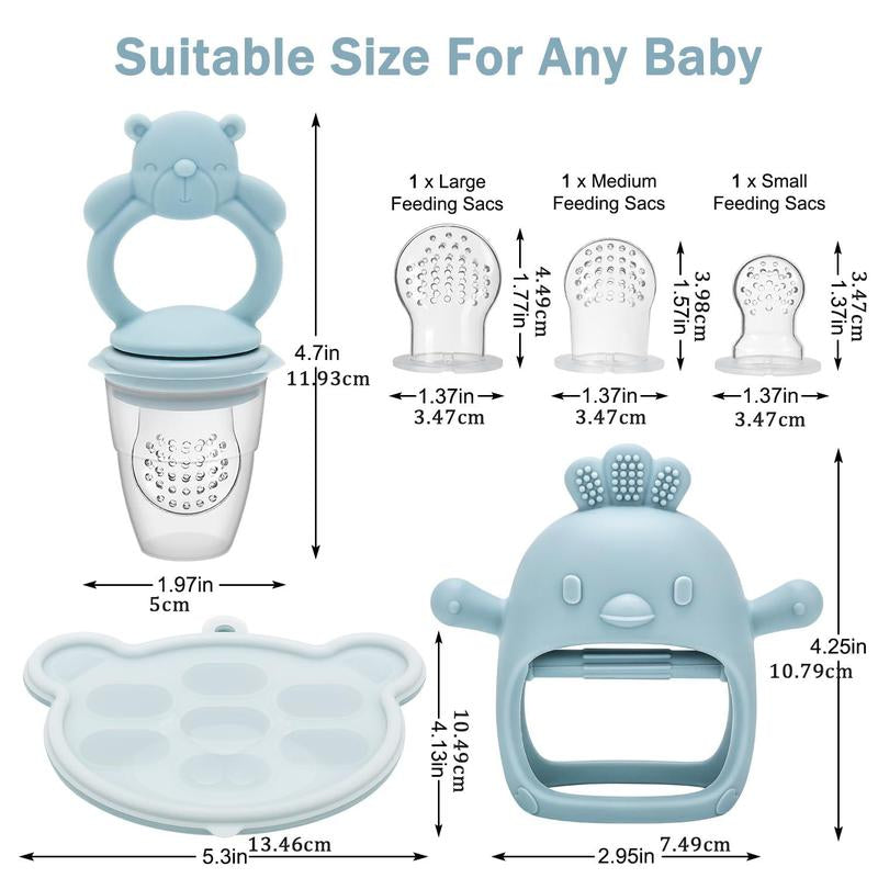 Baby Teether Set, 5 Counts/Set Including Silicone Teether & Fruit Feeder & Food Feeding Storage Box, Newborn Baby Fruit Feeder, Baby Teething Relief Tool, Baby Essentials, Cute Baby Items