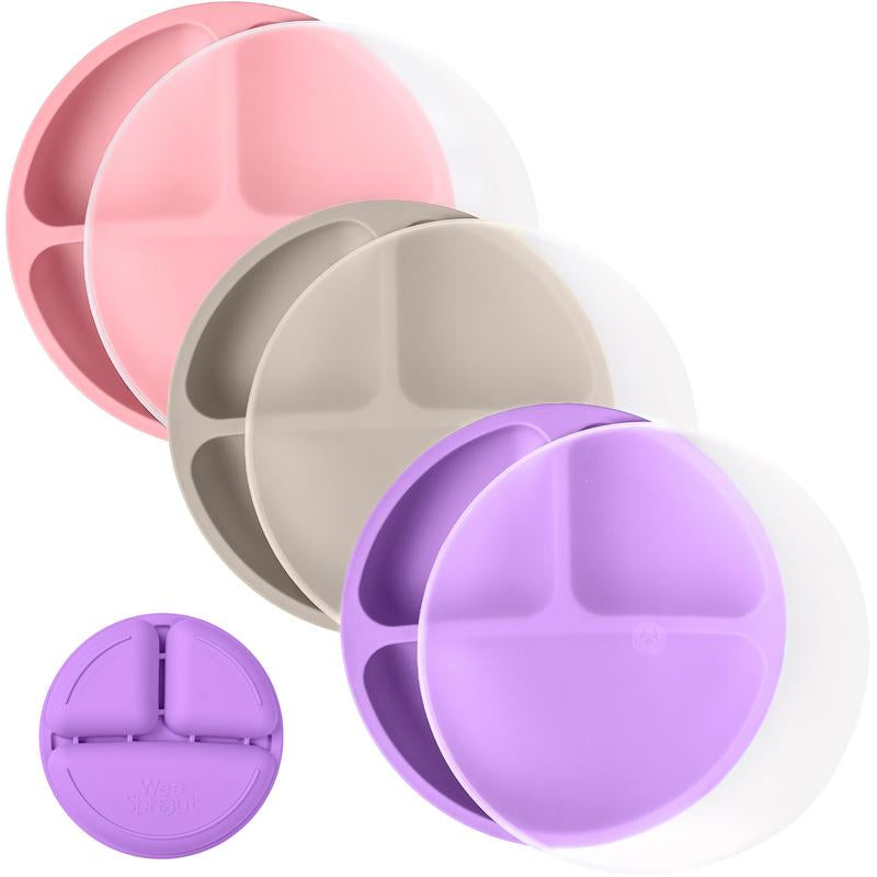 Weesprout Baby Plates with Lids, Food Grade Silicone Divided Plates for Kids - 3 Pack