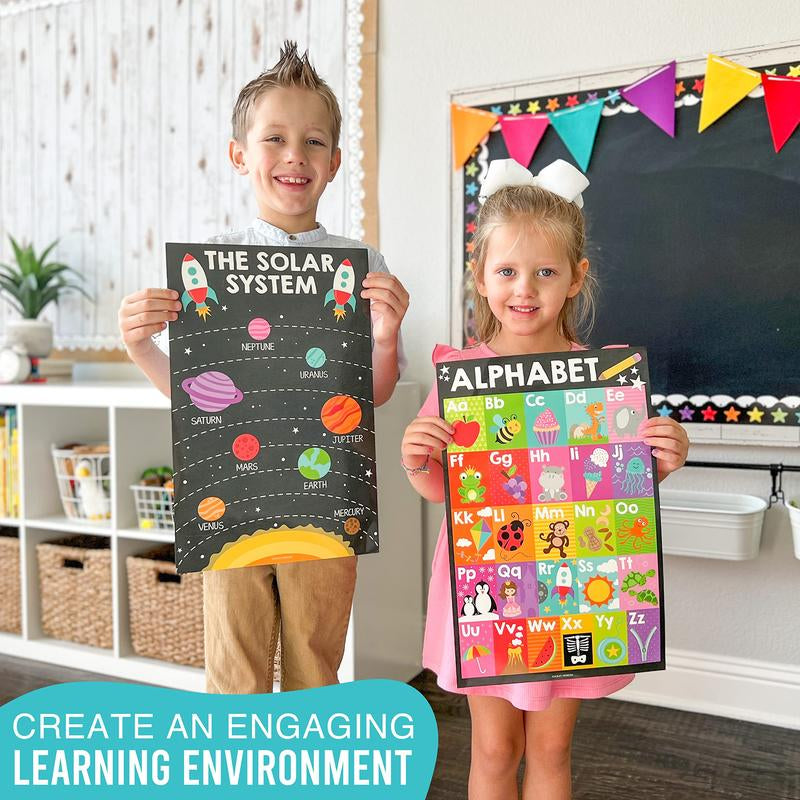 16 Educational Posters for Classroom & Kindergarten, Kindergarten Classroom Must Haves, Laminated Prek Learning Chart Materials US & World Map, ABC Alphabet, Shapes, Days of the Week