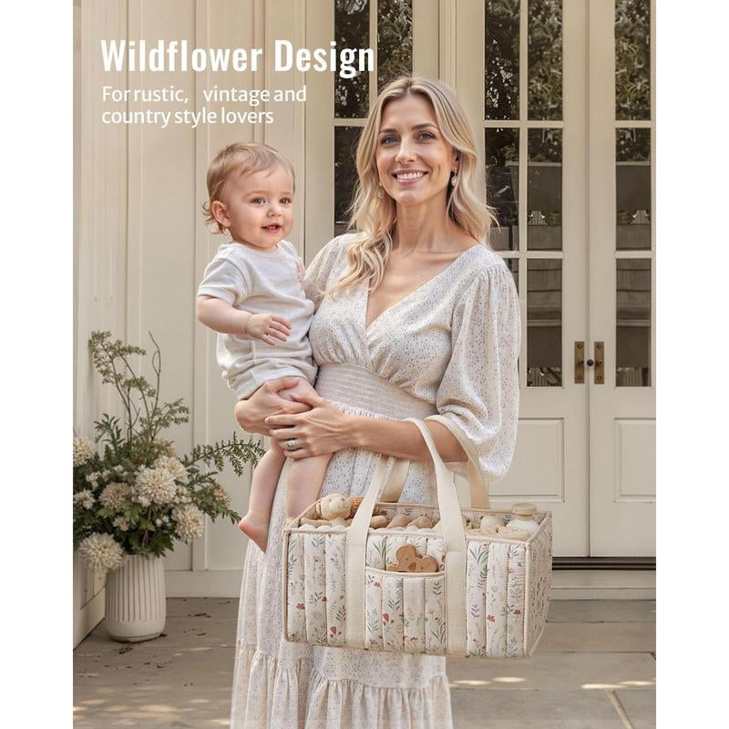 Floral Diaper Caddy Organizer, Stylish Nursery Storage Basket, Gift for Baby Shower, Newborn Essentials, Floral Beige