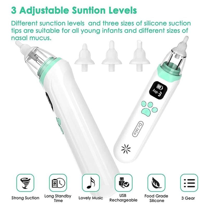 Electric Baby Nasal Aspirator, Rechargeable Nose Suction Tool with 3 Silicone Tips, Baby Nose Sucker with Pause & Music & Light Soothing Function, Baby Essentials
