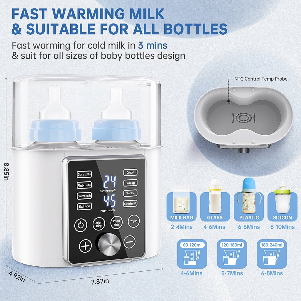 Baby Bottle Warmer, Dual Bottle 12-In-1 Fast Milk Warmer with 24H Accurate Temperature Control & Auto-Off, Baby Food Heater W/ Appointment &Timer for Breastmilk or Formula, LCD Display, Bpa-Free