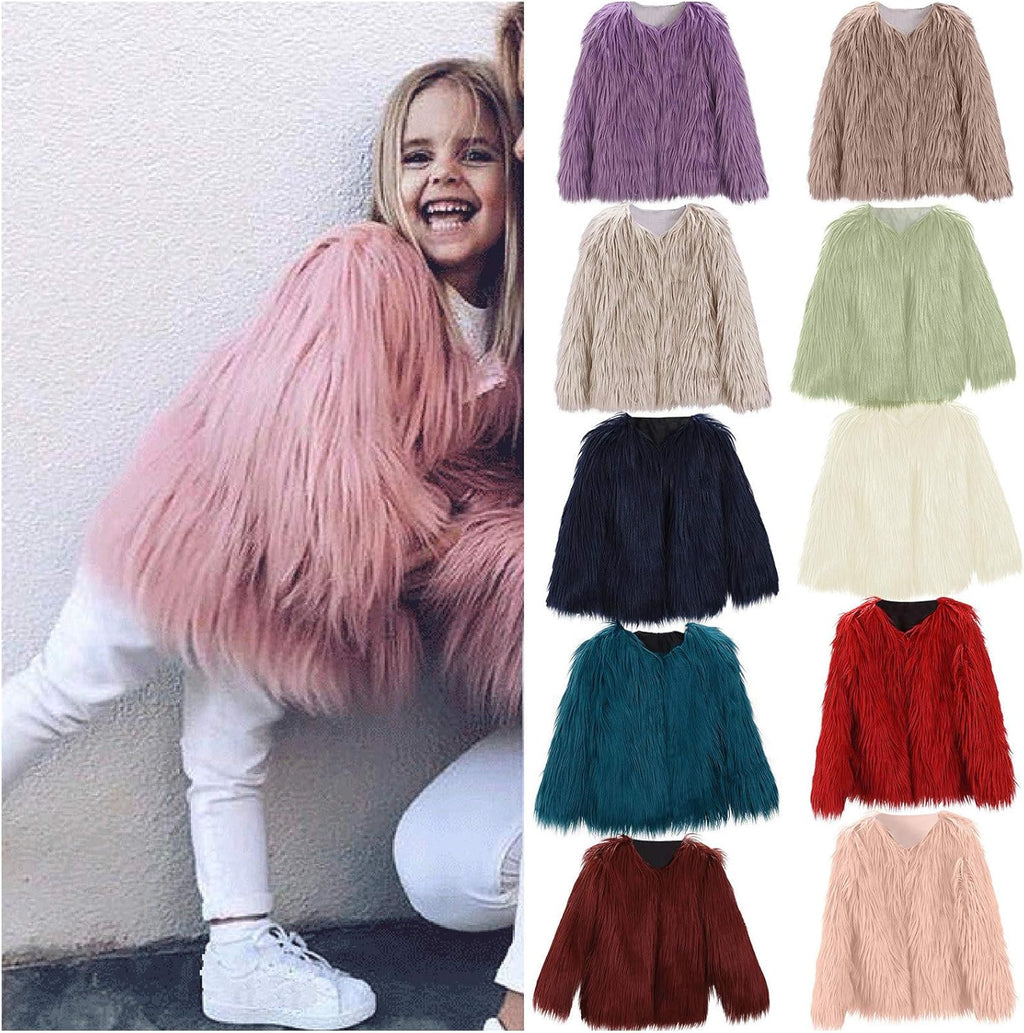 Girl Faux Fur Long Sleeve V Neck Jacket Coat Warm Outerwear Children Thick Outwear 2-10Years (Red, 6-7 Years)