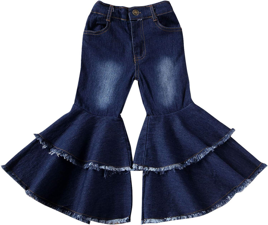 Toddler Kids Girls Bell Bottom Jeans Ruffle Flare Raw Hem Denim Pant Trousers High Waisted Wide Leg Pants Leggings