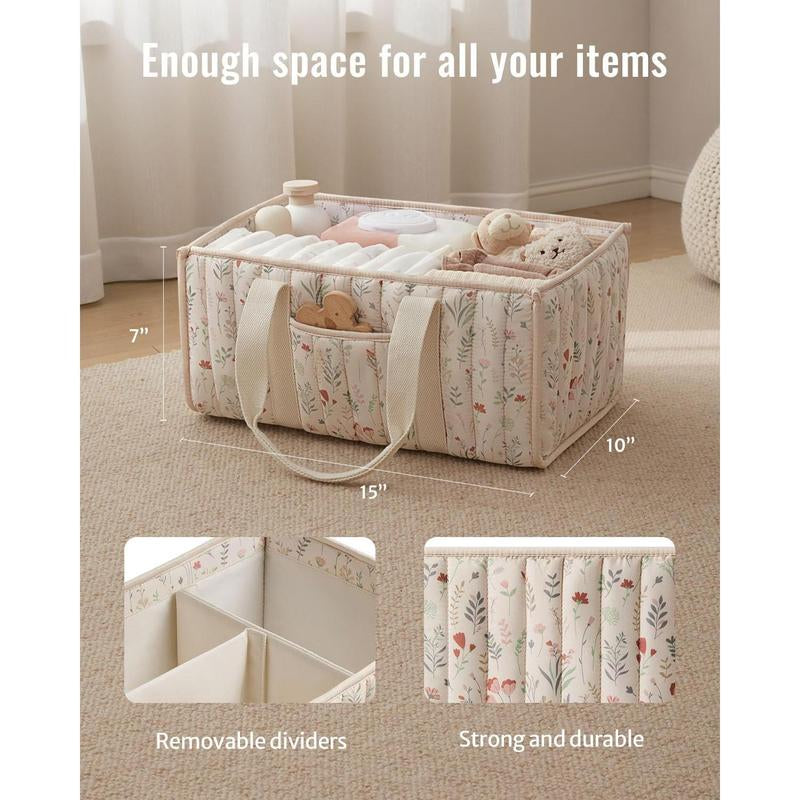 Floral Diaper Caddy Organizer, Stylish Nursery Storage Basket, Gift for Baby Shower, Newborn Essentials, Floral Beige