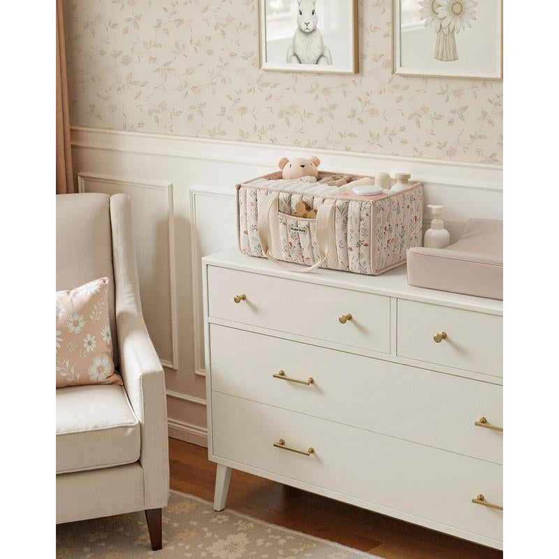 Floral Diaper Caddy Organizer, Stylish Nursery Storage Basket, Gift for Baby Shower, Newborn Essentials, Floral Beige